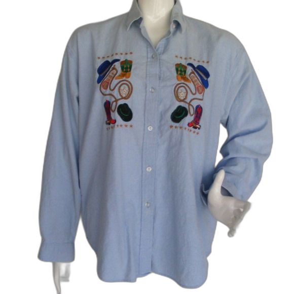 Vintage Tops - Chambray Top, L, Blue, Western Embroidery/Boots & Hats, Long sleeves, Buttons